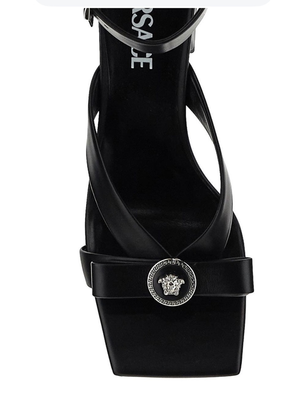 Versace Black Leather Square-Toe Medusa Heel Sandals